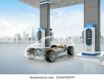 3d rendering ev car or electric vehicle plug in at recharging station with cityscape background