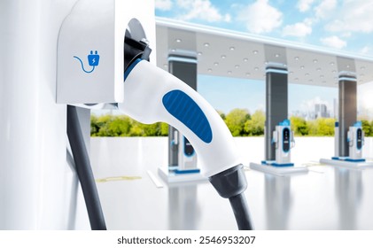 3d rendering ev charging stations focus on charger plug or connector