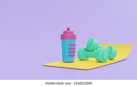 3D Rendering of exercise equipment dumbbell water bottle and yoga mat with space for commercial text concept of weight training workout on background. 3D Render illustration cartoon style.