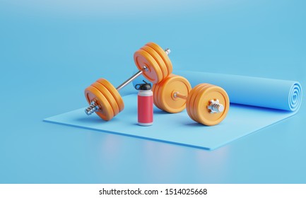 3D rendering Exercise mat with weights and watter bottle fitness. Equipment on color  background. - Powered by Shutterstock