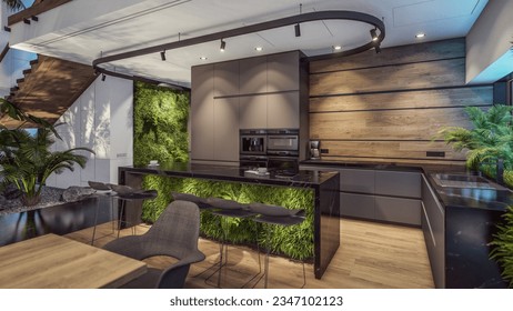 3d rendering of expensive cozy interior with green walls with living dining zone stair and kitchen for sale or rent. Warm interior lighting combined with cold light from night street