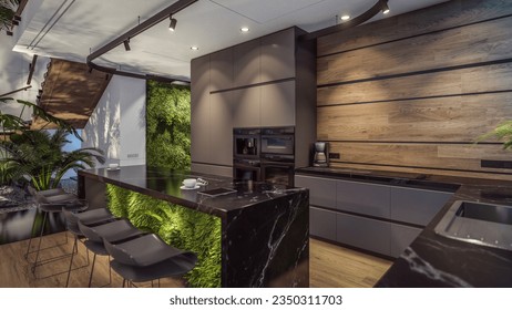3d rendering of expensive cozy interior with green walls with living dining zone stair and kitchen for sale or rent. Warm interior lighting combined with cold light from night street