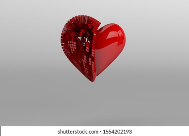 3d rendering of exploded perspective of red heart. half of demolished heart  demolish or rebuild. white background. 