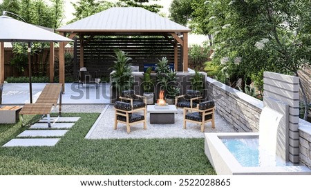 3D Rendering of Exquisite Patio Design: Elevate Your Outdoor Living Space with Stunning Patio Layouts, Modern Furniture Ideas, and Inspiring Landscaping for a Perfect Backyard Retreat