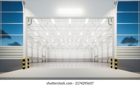 3d Rendering Of Exterior Commercial Building. May Called Modern Factory, Warehouse, Hangar, Shop Or Garage. Include Metal Door Or Roller Shutter, Empty Concrete Floor For Industrial Background.