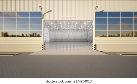 3d Rendering Of Exterior Commercial Building. May Called Modern Factory, Warehouse, Hangar, Shop Or Garage. Include Metal Door Or Roller Shutter, Empty Concrete Floor For Industrial Background.
