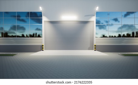 3d Rendering Of Exterior Commercial Building. May Called Modern Factory, Warehouse, Hangar, Shop Or Garage. Include Metal Door Or Roller Shutter For Background Of Industry I.e. Construction, Storage.