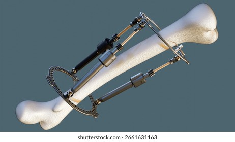 A 3D rendering of an external fixator apparatus attached to a simplified model of a long bone. Thin wires are penetrating the bone model and anchoring to the rings. 