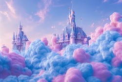 3D Rendering Of A Fairy Tale Castle With Cotton Candy Clouds