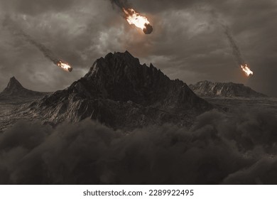 3D rendering of falling fireball meteors on peaked mountains