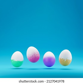 3D rendering of Falling levitation easter eggs with different pattern on blue background. Colorful Easter eggs on pastel blue background. Creative design. 3d rendering