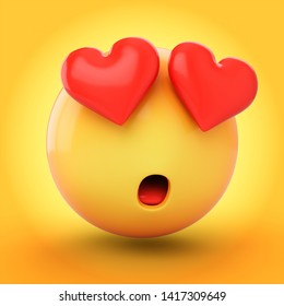 3D Rendering Falling In Love Emoji Isolated On Yellow Background