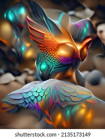 A 3d rendering of a fantastical phoenix owl in bright, metallic colors.
