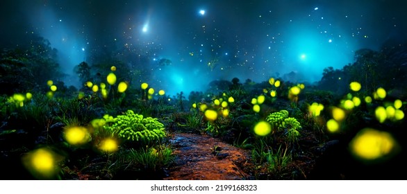 3D Rendering Of Fantasy Glowing Plants In Forest With Lights In The Background