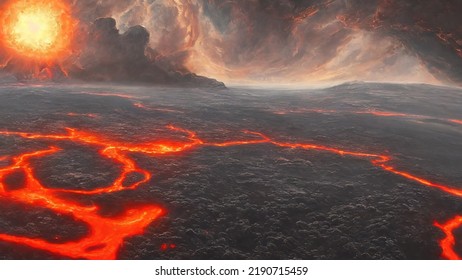 3d Rendering Of Fantasy Hot Lava Planet With Liquid Magma