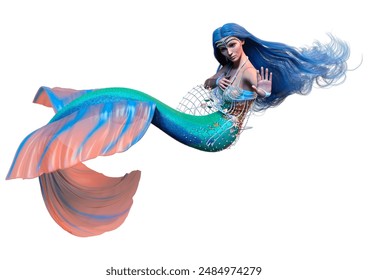 3D rendering of a fantasy mermaid with blue hair isolated on white background