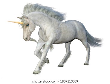 3D rendering of a fantasy white unicorn isolated on white background