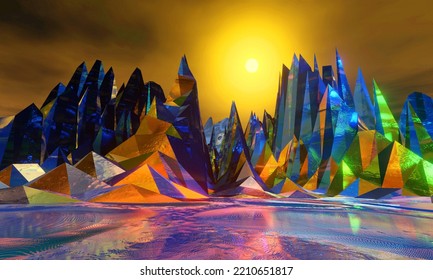 3d Rendering Fantasy World Landscape With Metal Rocks