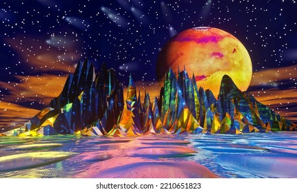 3d Rendering Fantasy World Landscape With Metal Rocks