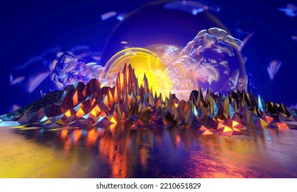 3d Rendering Fantasy World Landscape With Metal Rocks