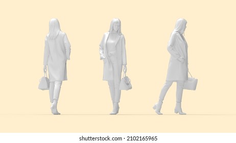 3D Rendering Of Fashionable Woman With A Purse Posing. Multiple Views Silhouette, Side Front And Back.