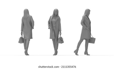 3D rendering of fashionable woman with a purse posing. Multiple views, a silhouette, side front and back. - Powered by Shutterstock