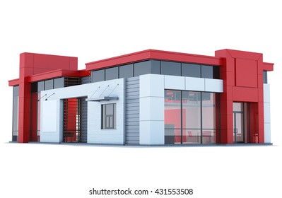 3d Rendering Of A Fast Food Restaurant On White Background.