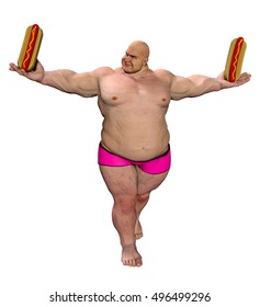 3d Rendering Fat Man With Two Hot Dog Like Trophy Isolated On White