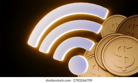 A 3D rendering features gold coins with a floating blue Wi-Fi signal icon, symbolizing different tiers of digital subscription plans, internet costs, or online revenue streams.