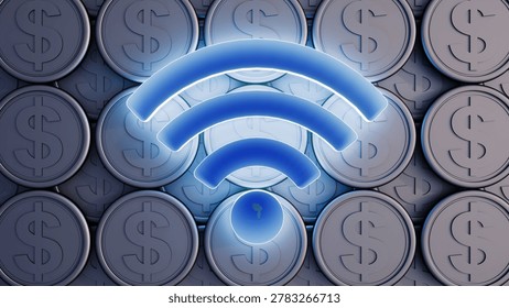 A 3D rendering features gold coins with a floating blue Wi-Fi signal icon, symbolizing different tiers of digital subscription plans, internet costs, or online revenue streams.