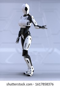 3D Rendering Of A Female Android Robot Standing With Its Arm Out Like She Is Showing Something. Futuristic Ai Concept.