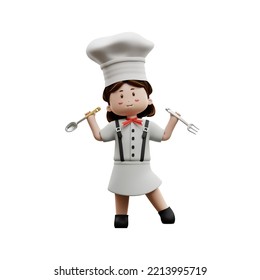 3d Rendering Of Female Chef Holding Spoon And Fork