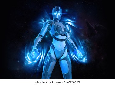 3d Rendering Of A Female Cyborg With Energy