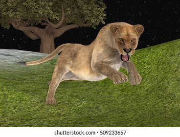 3D Rendering Of A Female Lion Hunting In A Night Forest