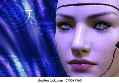 3D Rendering Of A Female Robot Face At Blue Background With Electronic Circuits