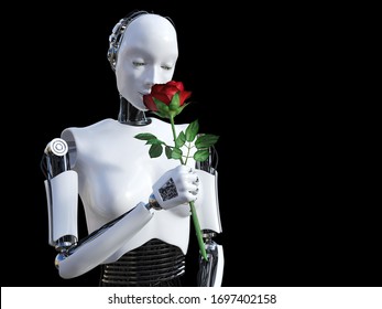 3D rendering of a female robot holding a red rose that she is smelling. Black background.