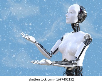 3D rendering of a female robot looking at the snow in the air with her arms and hands out to catch the snow flakes falling from the sky.