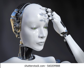 3D-Darstellung eines weiblichen Roboters traurig und weinend, Bild 1. Dunkler Hintergrund.