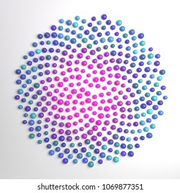 3d Rendering Of Fibonacci Spiral. Many Dots Generated In Golden Ratio Positions. Abstract Colorful Dotted Flower Isolated On White Background.
