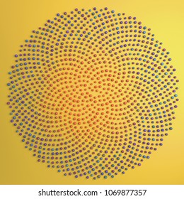 3d Rendering Of Fibonacci Spiral. Many Dots Generated In Golden Ratio Positions. Abstract Colorful Dotted Flower Isolated On Orange Background.
