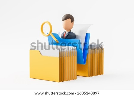 3D rendering of file folders with documents, a businessman icon, and magnifying glass on a white background. Concept of data analysis and management