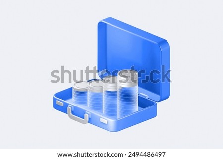 3d Rendering. Finance and banking on white background. Open suitcase with coins. Money growth concept.