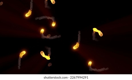 3D rendering of fireballs flying along a complex trajectory. Bright magical meteors swirl and emit plumes of smoke. The composition is ideal as a background or logo element
