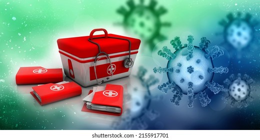 3d Rendering First Aid Kit With Stethoscope Near Office Folder
