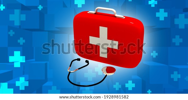 3d rendering\
First aid kit with\
stethoscope