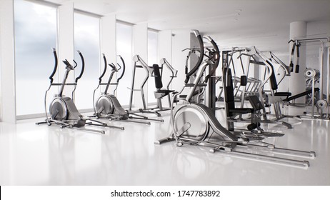 3d Rendering, Fitness Interior Room With View And Equipment, Weight Lifting, Bicycle And Ski Machine.