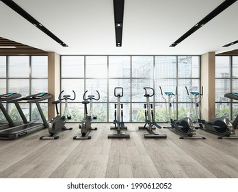 3D Rendering, Fitness Room, Wooden Floor And Glass Windows