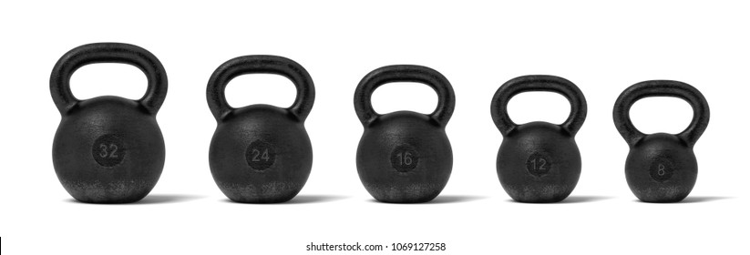 3d rendering of five black iron kettlebells in a single line with different weight stamps of 32, 24, 16, 12 and 8 kg. Weight training. Lifting heavy equipment. Different weights for bodybuilding.