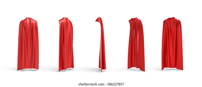 3d rendering of a five types of view of a cape made from a red satin clothes isolated on white background. 3d modelling. Art object. Design element