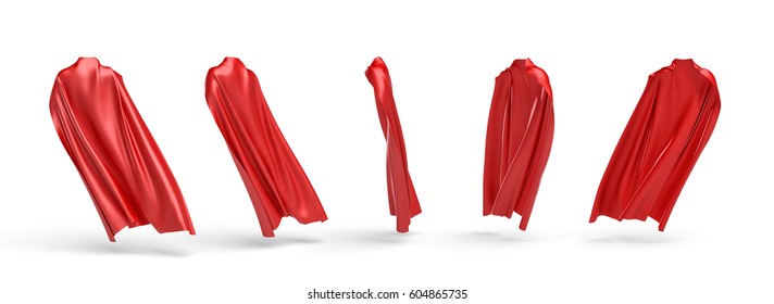 3d rendering of a five types of view of a cape made from a red satin clothes isolated on white background. 3d modelling. Art object. Design element